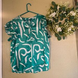 Pure Collection green and White Blouse ruffled short sleeve